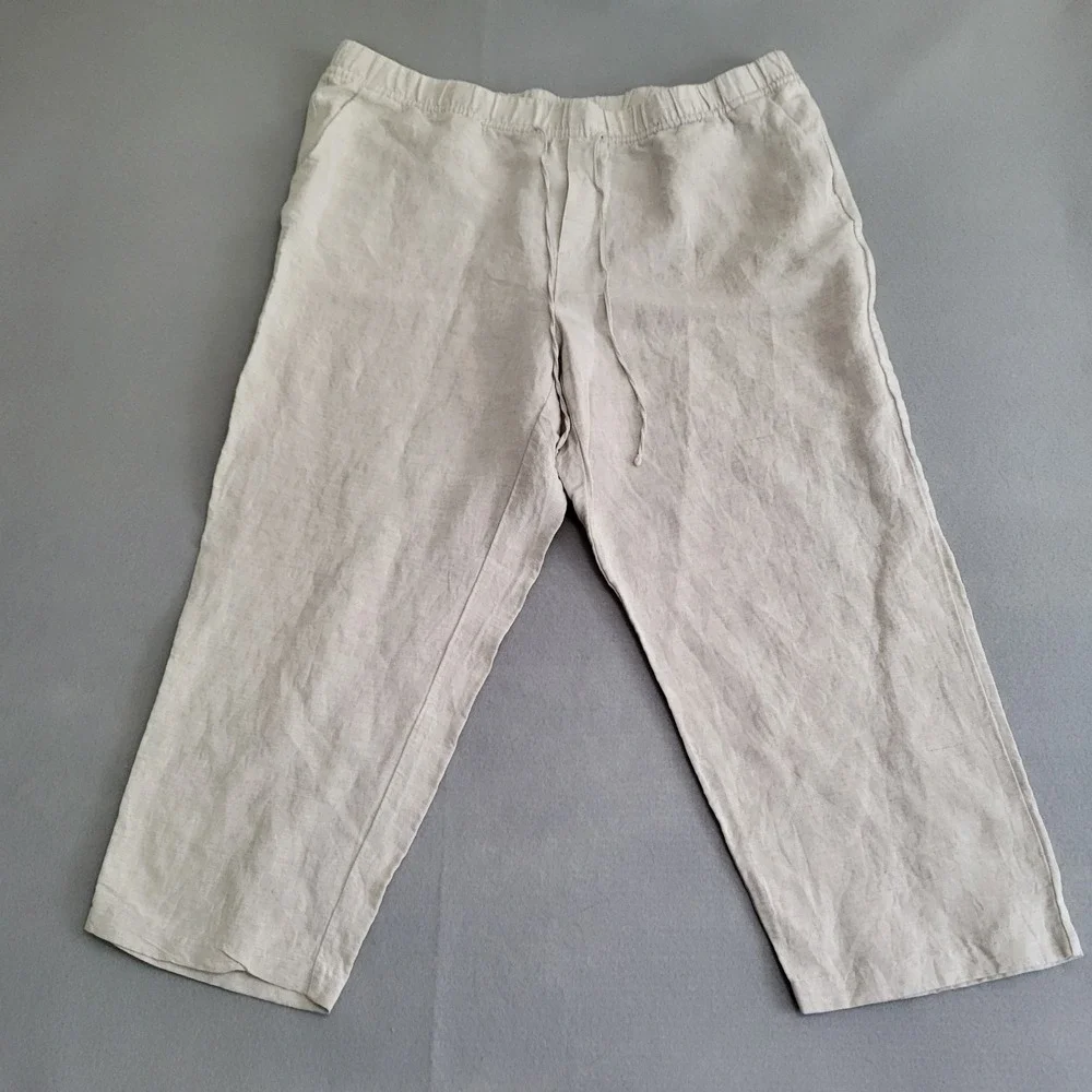 H &‎ M Linen Blend Beige Wide Leg Pants Elastic Waist Women's XL Pockets Boho